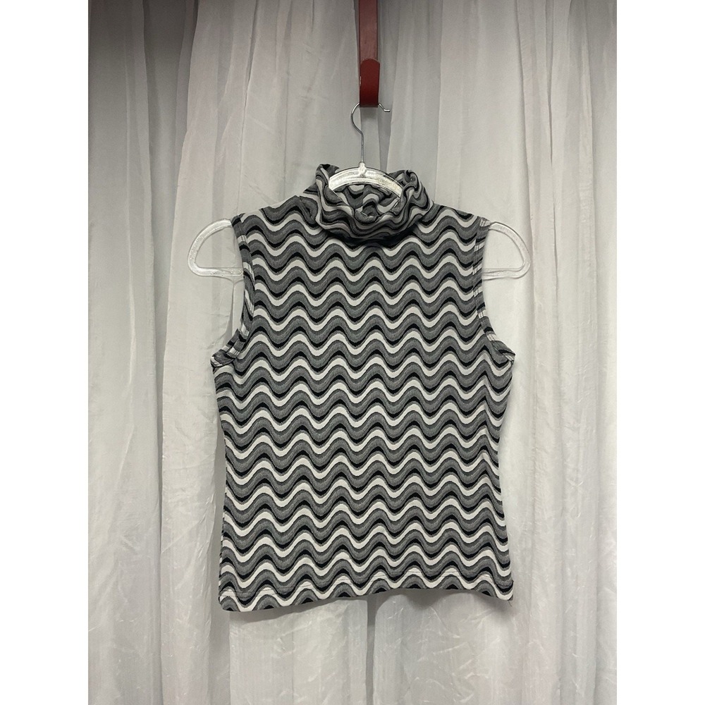Mandee Womens Sleeveless Turtleneck Top Black White Wavy Chevron Knit M vtg